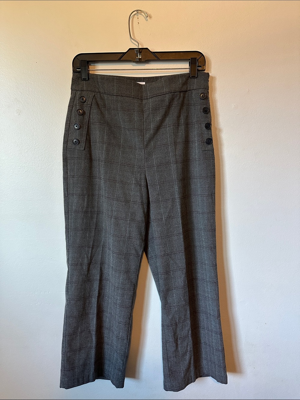 LOFT Gray Plaid Work Trousers Pants Side Button Petite 4P Office Business Casual